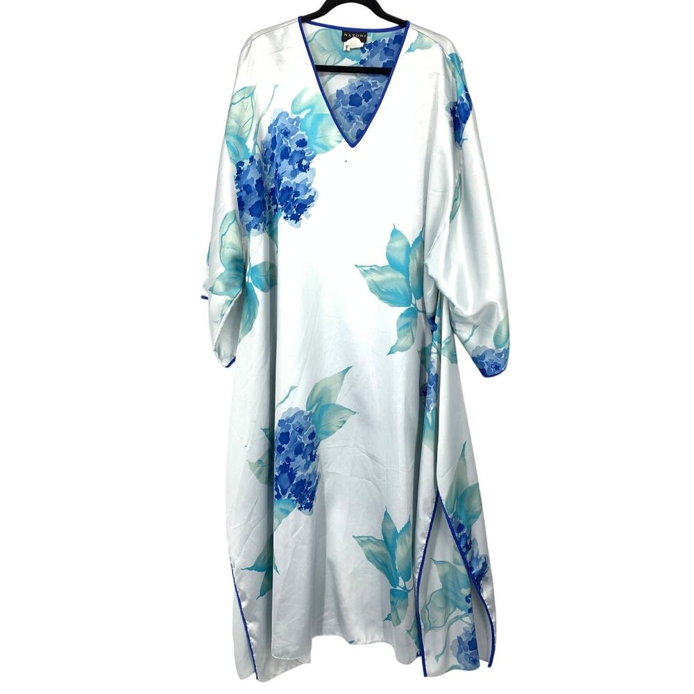 Vintage Natori Neiman Marcus Caftan Womens M Blue Floral Hostess Gown Robe